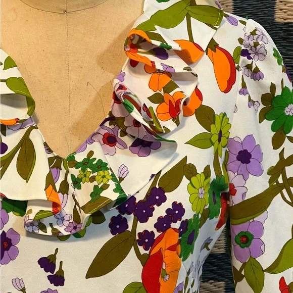 VINTAGE MOD 60s MCM botanical floral mini dress ruffle collar flare polyester‎ - Picture 3 of 10
